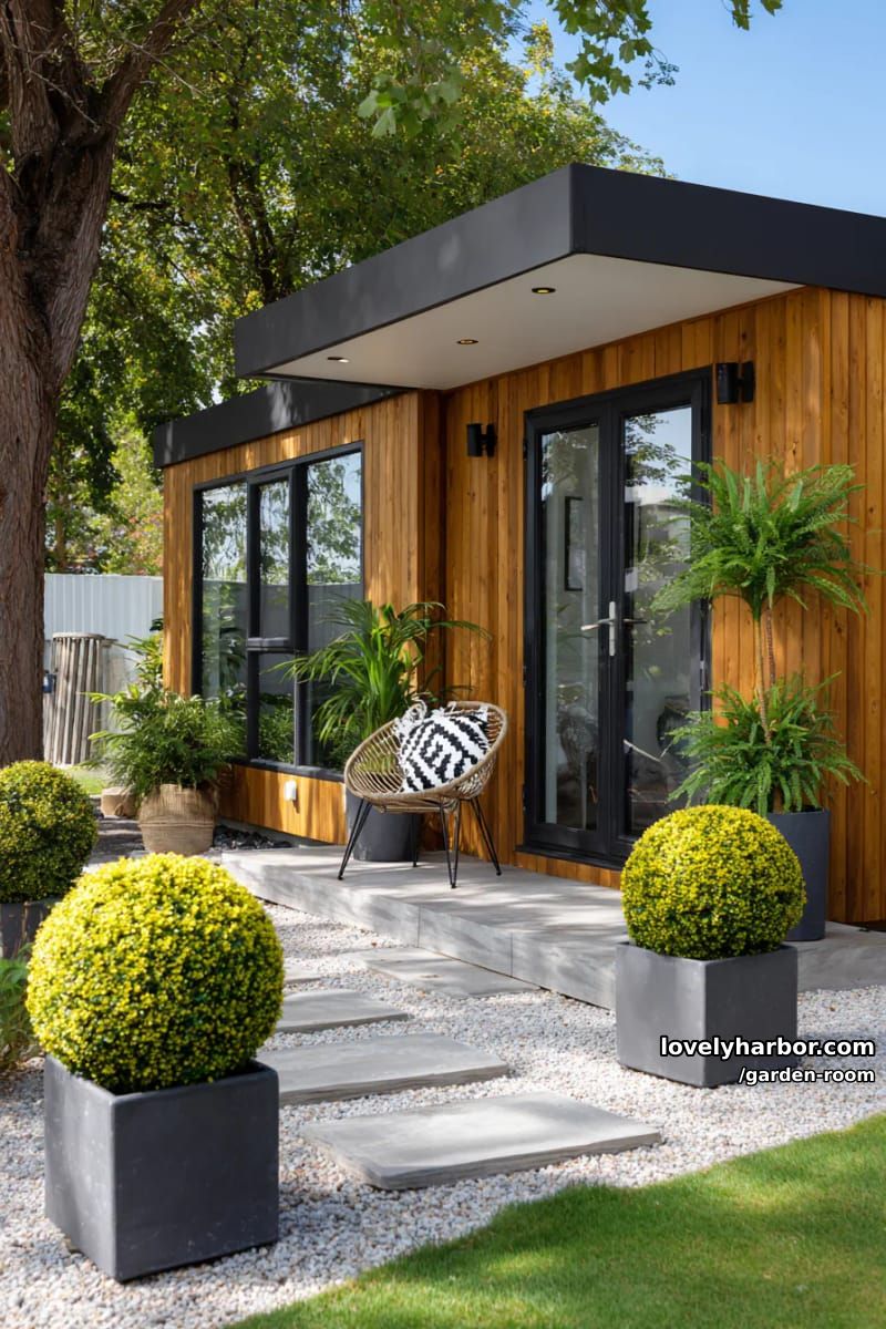 modern wooden garden office with glass doors and topiary planters. 1