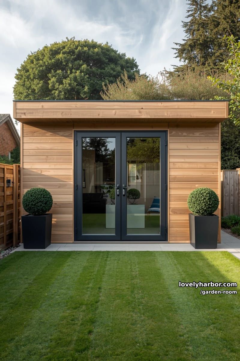 modern wooden garden office with glass doors and topiary planters. 1