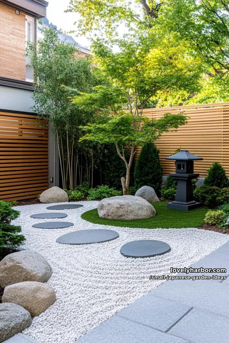 modern zen garden with raked gravel, round stones, and indirect lighting. 1