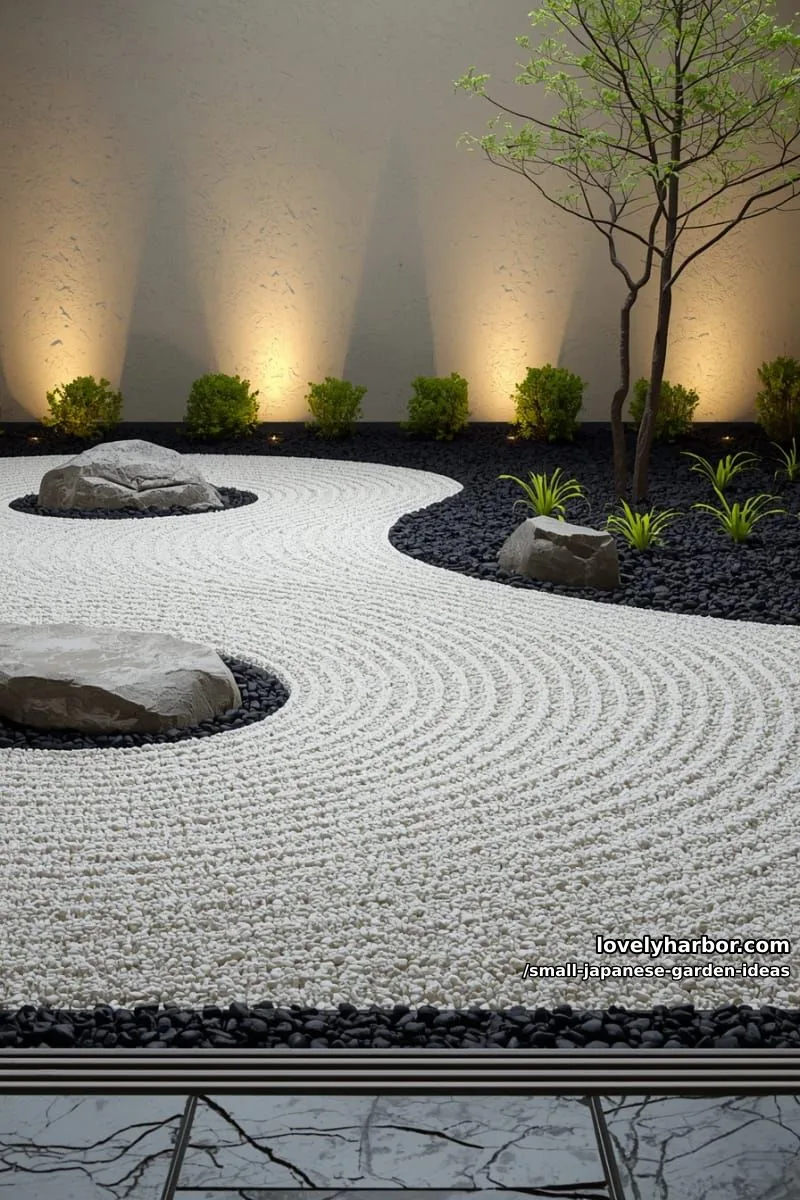 modern zen garden with raked gravel, round stones, and indirect lighting. 1