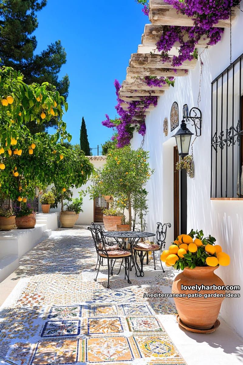 mosaic-tiled patio floor with potted citrus trees and wrought iron chairs 1