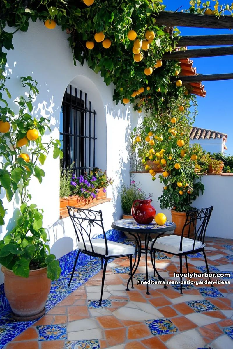 mosaic-tiled patio floor with potted citrus trees and wrought iron chairs 1