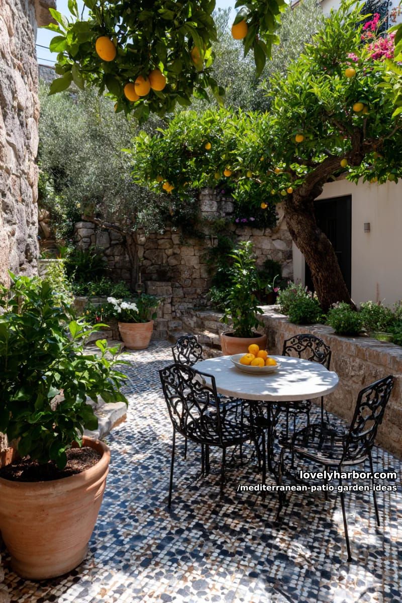 mosaic-tiled patio floor with potted citrus trees and wrought iron chairs 1
