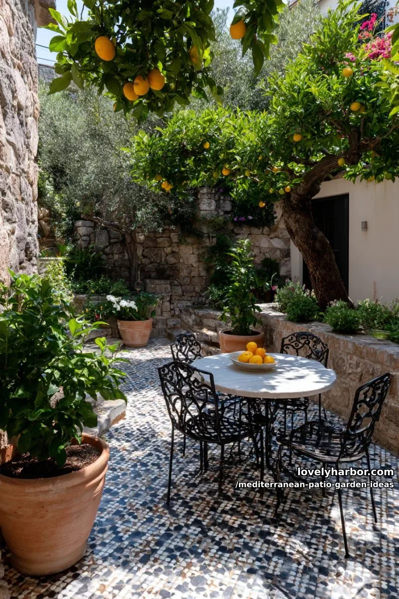 15 Mediterranean Patio Garden Ideas For A Dreamy Modern Homes 9 mosaic-tiled patio floor with potted citrus trees and wrought iron chairs 1