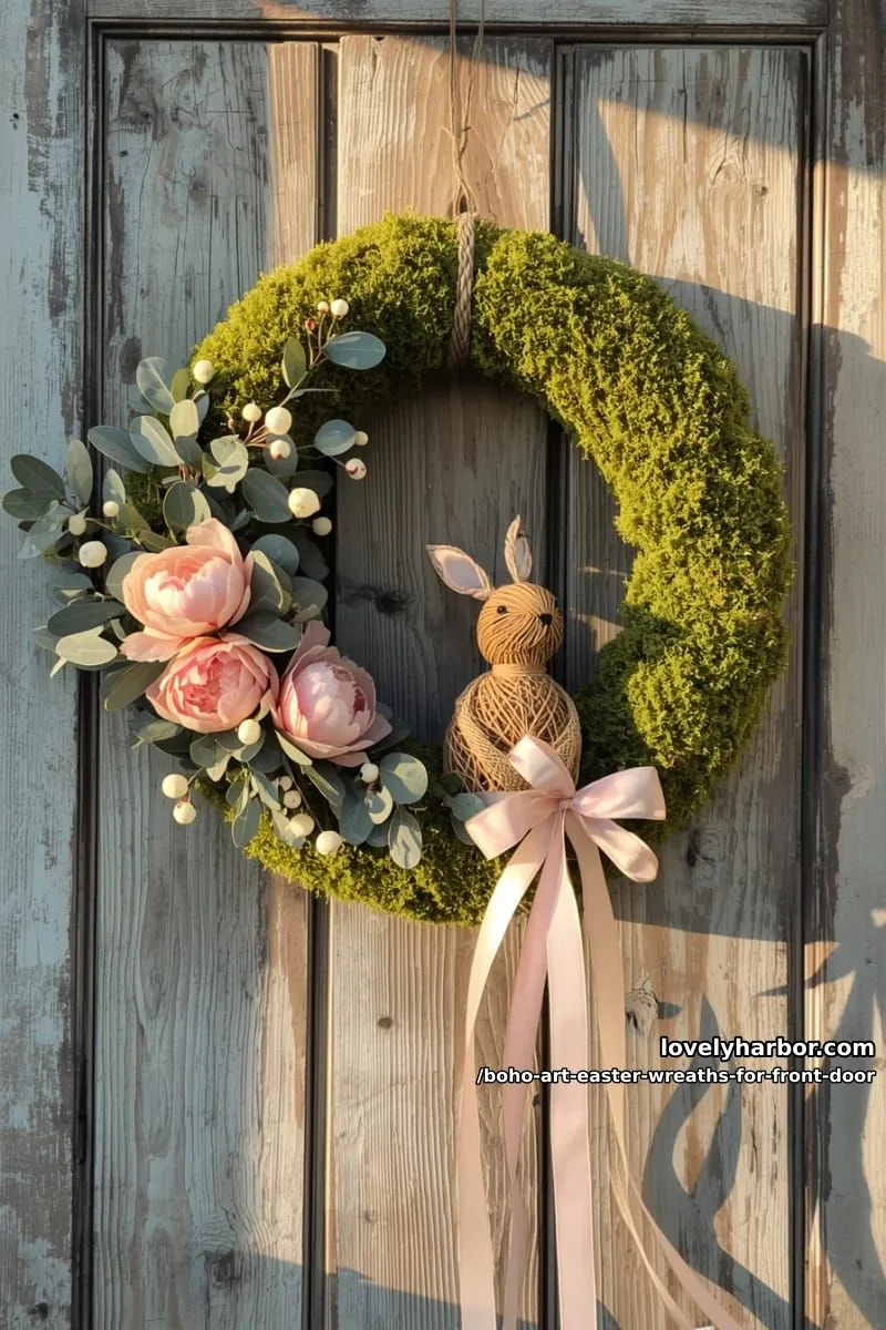 15 Boho Art Easter Wreaths for an Inviting Front Door 24 moss-wrapped wreath with woven rattan bunny and soft pink peony blooms 1