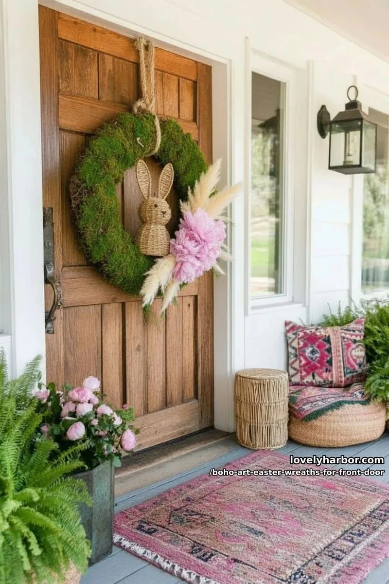 15 Boho Art Easter Wreaths for an Inviting Front Door 25 moss-wrapped wreath with woven rattan bunny and soft pink peony blooms 1