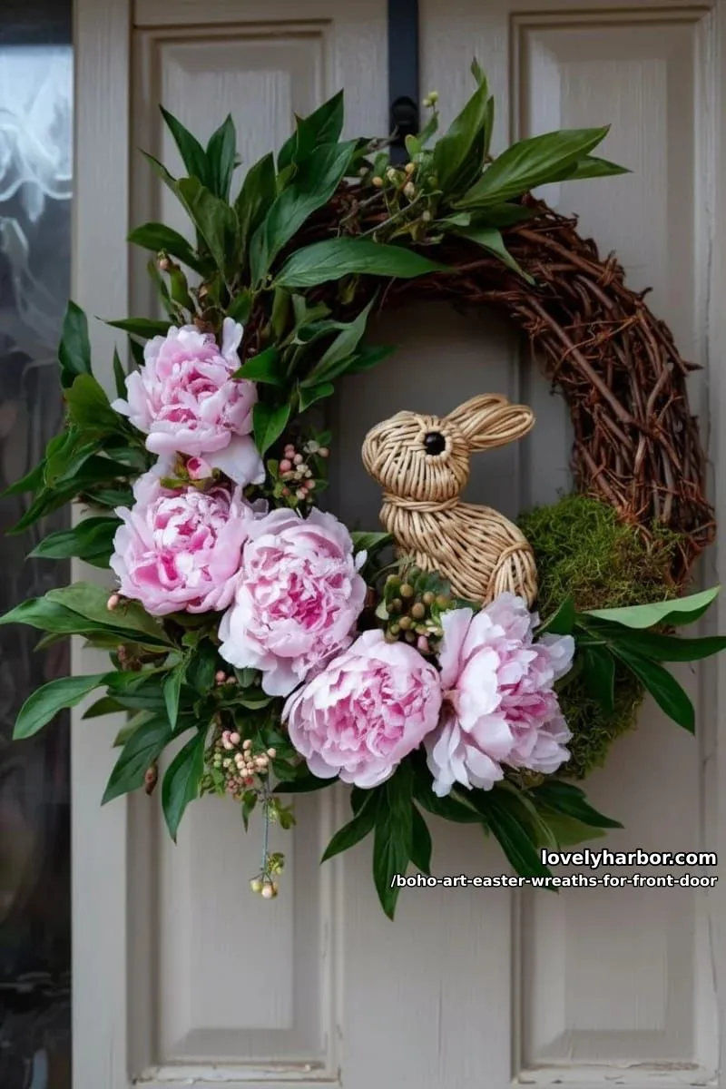 15 Boho Art Easter Wreaths for an Inviting Front Door 26 moss-wrapped wreath with woven rattan bunny and soft pink peony blooms 1