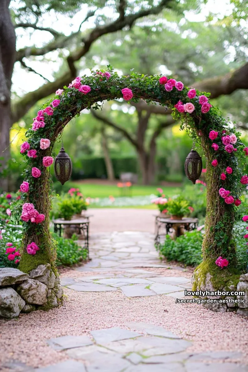15 Secret Garden Inspirations for a Lush Backyard Retreat 2 mossy stone archway with blooming pink roses and climbing ivy vines 1