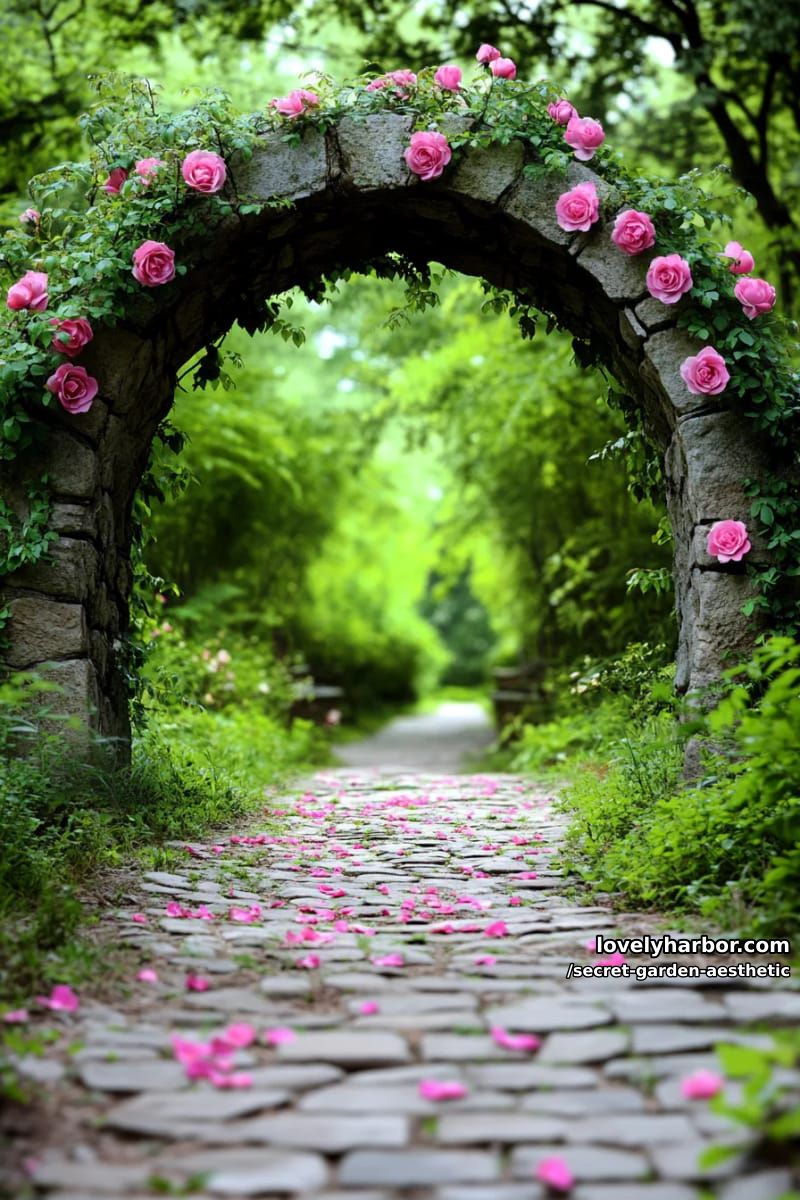 mossy stone archway with blooming pink roses and climbing ivy vines 1