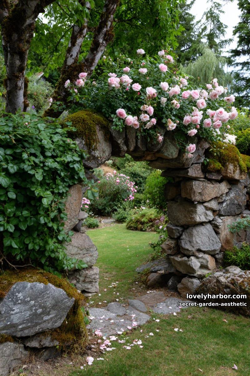 mossy stone archway with blooming pink roses and climbing ivy vines 1