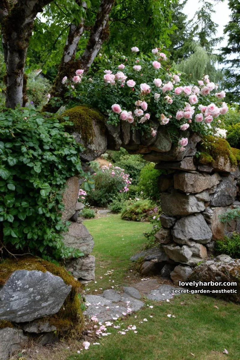 15 Secret Garden Inspirations for a Lush Backyard Retreat 4 mossy stone archway with blooming pink roses and climbing ivy vines 1