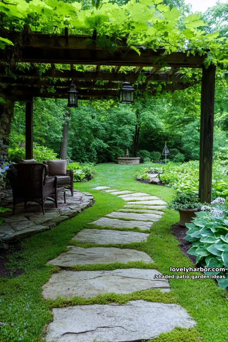 15 Dreamy Shaded Patio Garden Ideas to Inspire Your Backyard 2 mossy stone walkway winding through lush ferns and deep green hostas 1