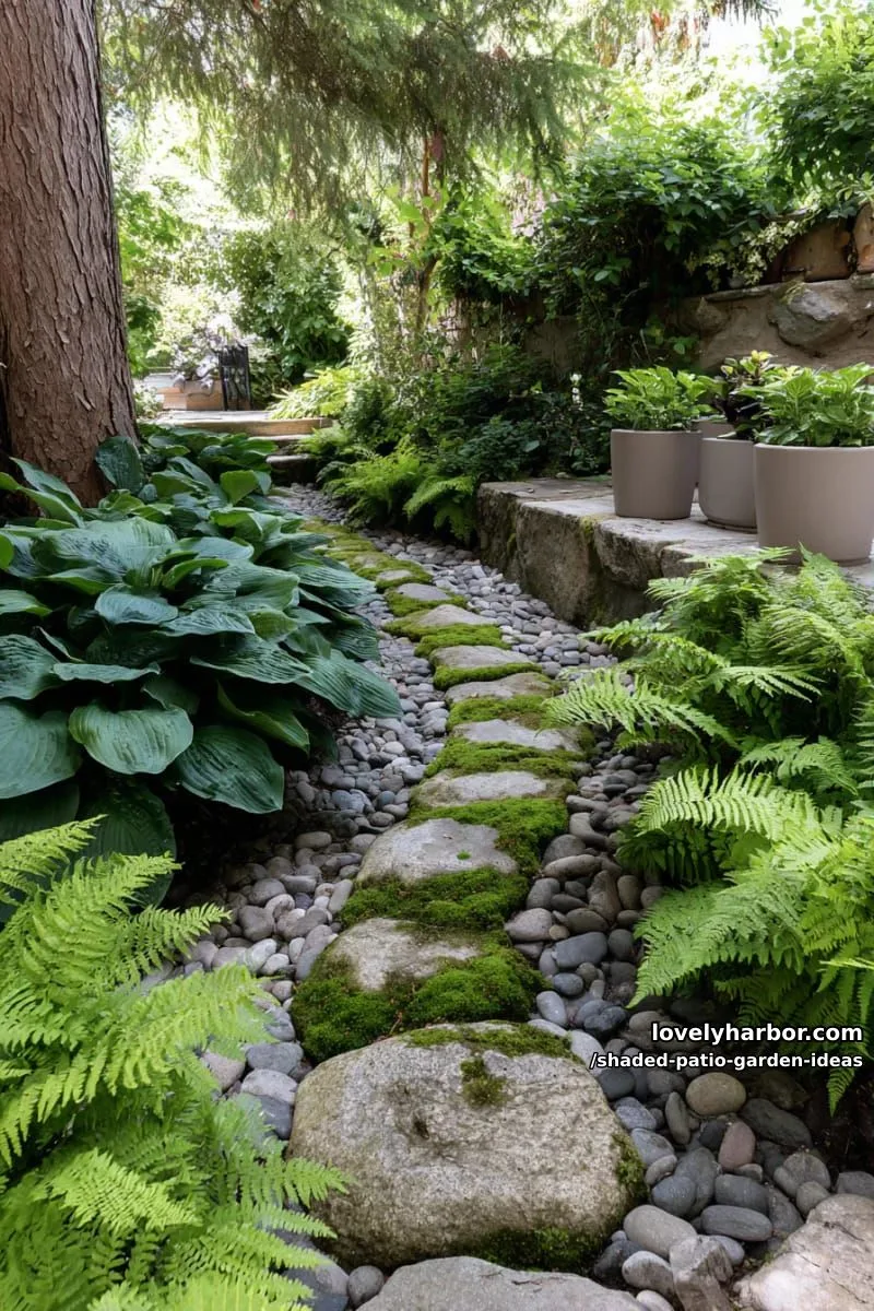 15 Dreamy Shaded Patio Garden Ideas to Inspire Your Backyard 3 mossy stone walkway winding through lush ferns and deep green hostas 1