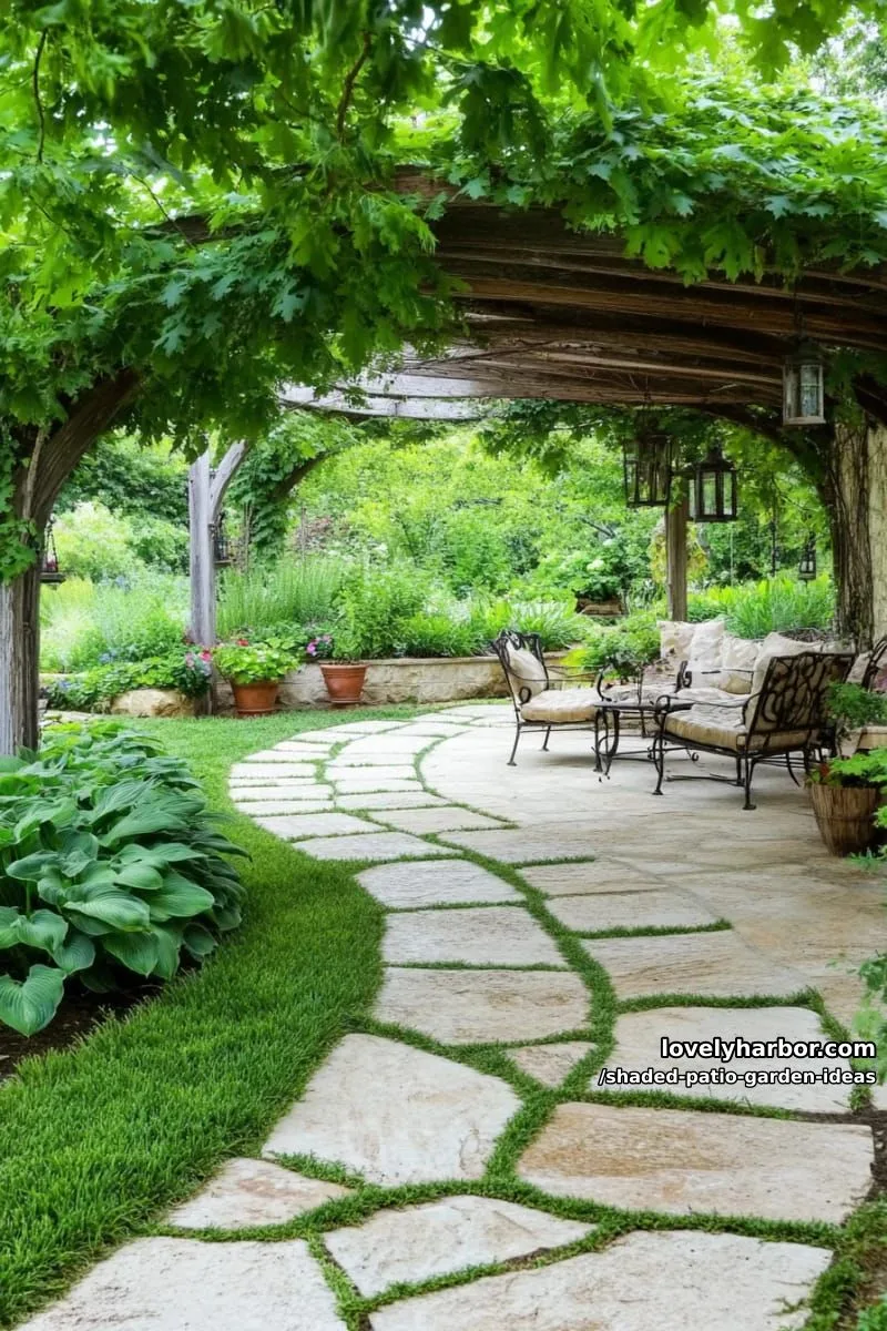 15 Dreamy Shaded Patio Garden Ideas to Inspire Your Backyard 4 mossy stone walkway winding through lush ferns and deep green hostas 1