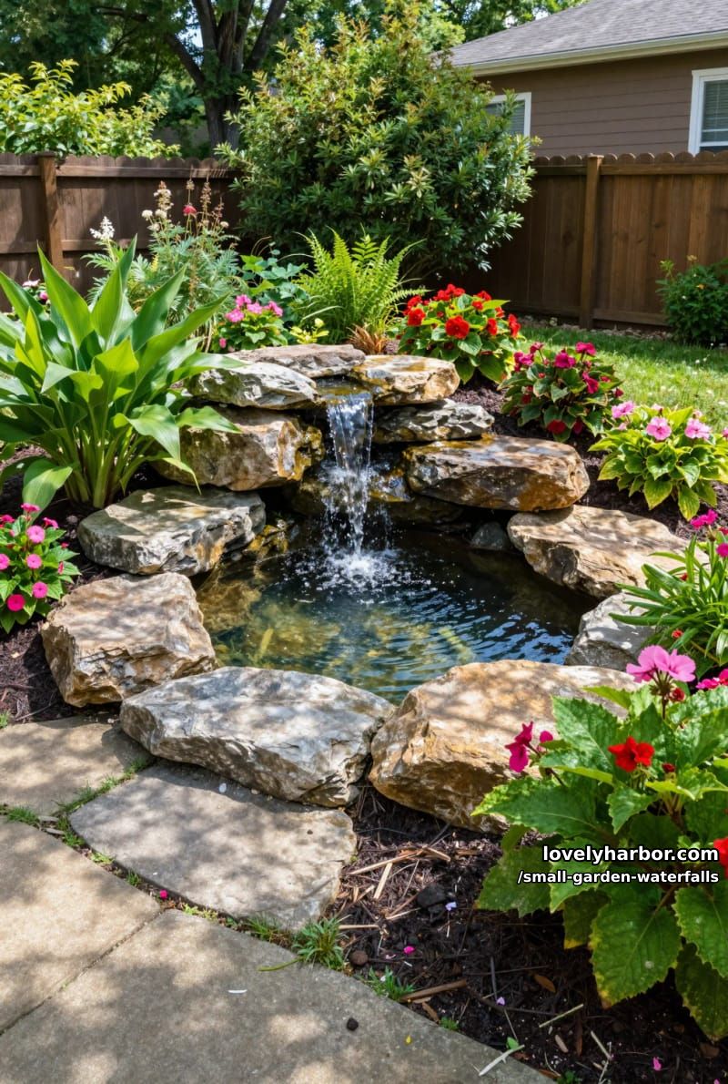multi-tiered stone waterfall in lush backyard garden with flowers and trees. 1