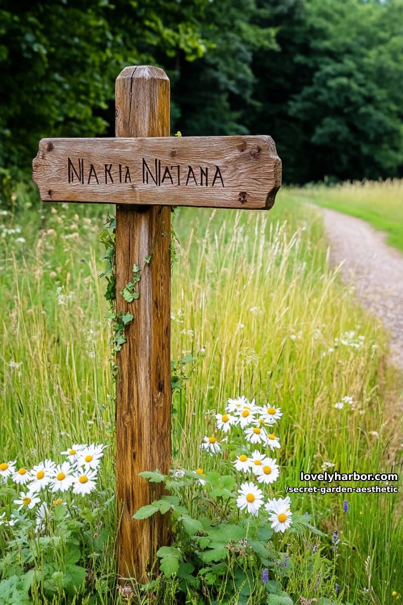 narnia-inspired signpost nestled among tall grasses and wild shrubs 1