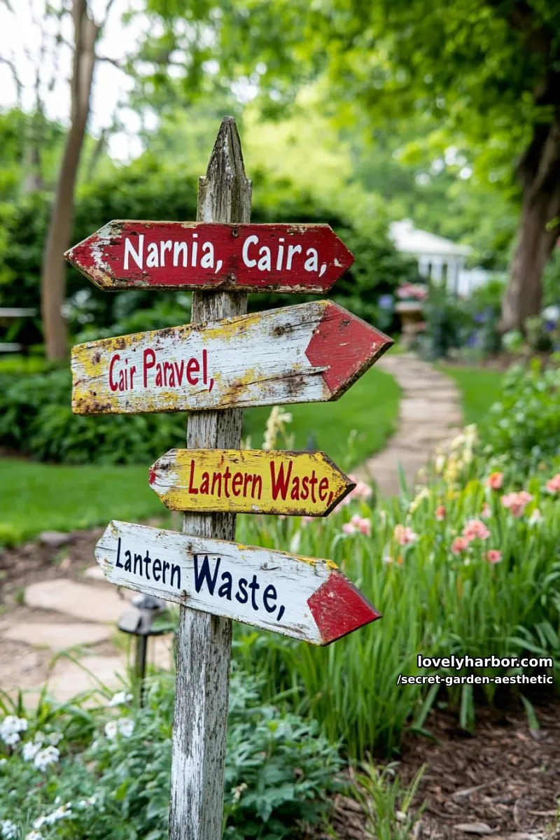 15 Secret Garden Inspirations for a Lush Backyard Retreat 39 narnia-inspired signpost nestled among tall grasses and wild shrubs 1