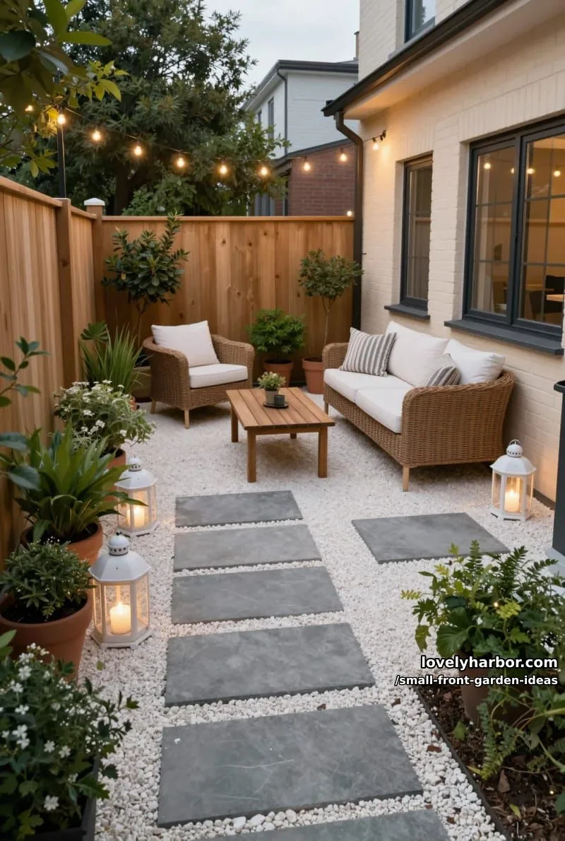 narrow backyard patio with pavers, lush plants, wicker seating, and string lights. 1
