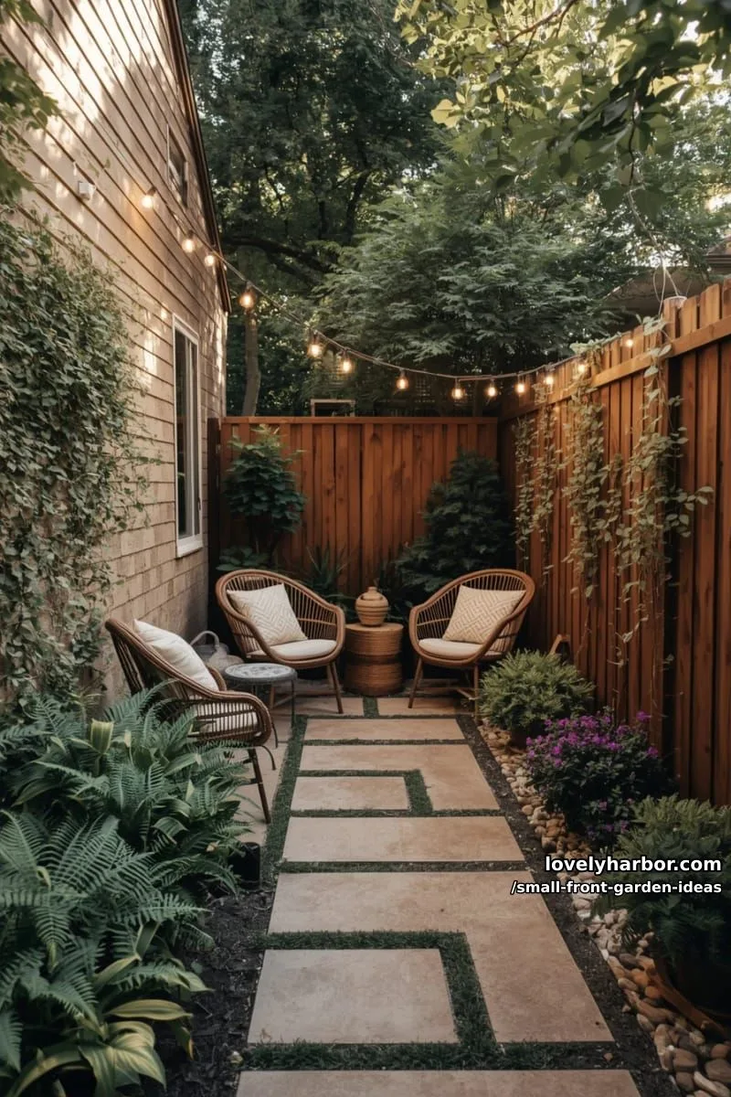 narrow backyard patio with pavers, lush plants, wicker seating, and string lights. 1
