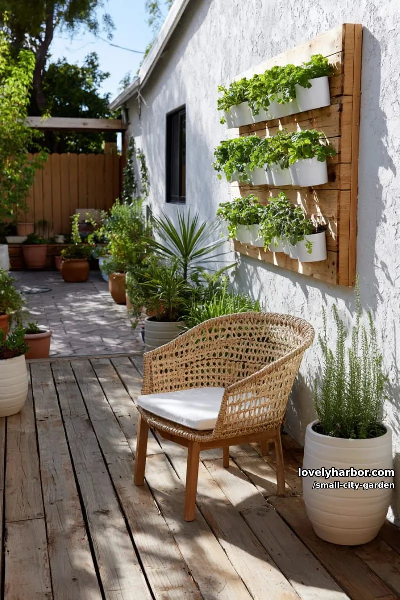 20 Small City Garden To Transform Your Space 28 narrow backyard with vertical garden, rattan chair, wooden deck, and potted plants. 1