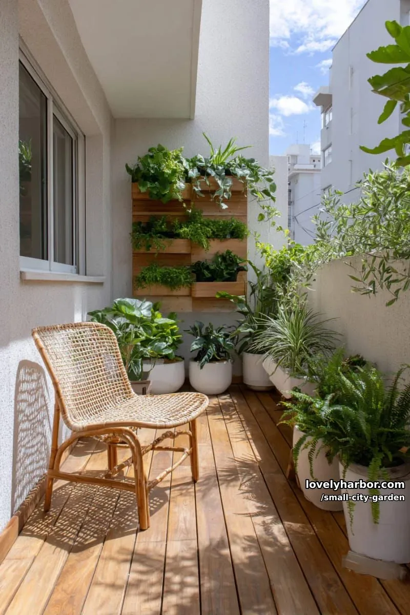 20 Small City Garden To Transform Your Space 29 narrow backyard with vertical garden, rattan chair, wooden deck, and potted plants. 1