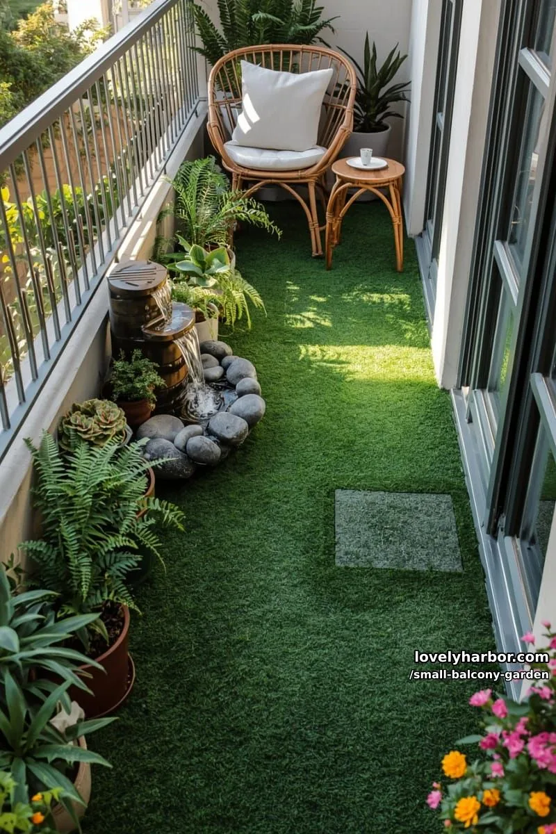 narrow balcony with artificial grass, potted plants, fountain, and cozy seating. 1