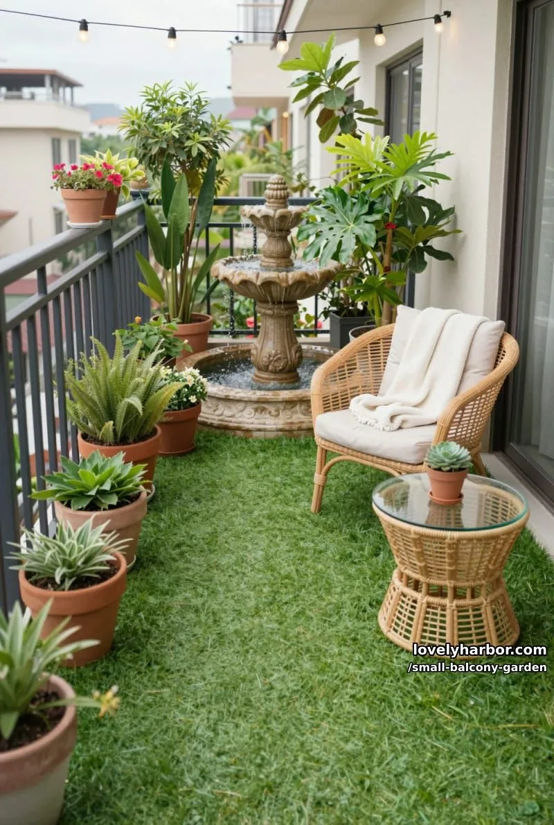 narrow balcony with artificial grass, potted plants, fountain, and cozy seating. 1