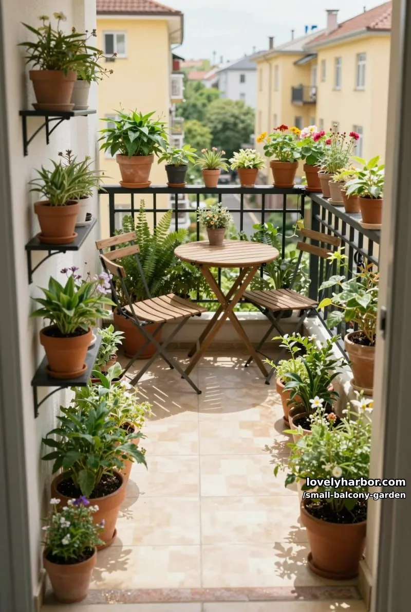 narrow balcony with tiered plant shelves, wooden bistro set, and flowers. 1