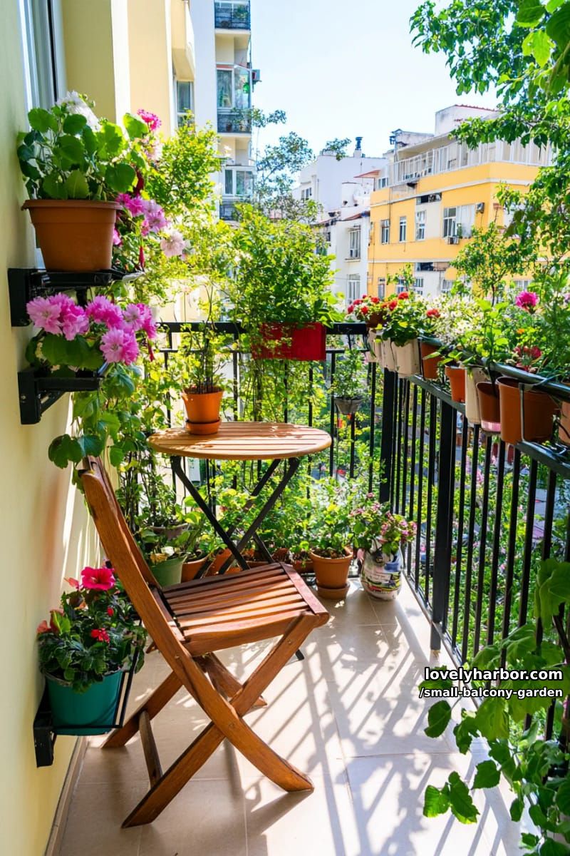 narrow balcony with tiered plant shelves, wooden bistro set, and flowers. 1