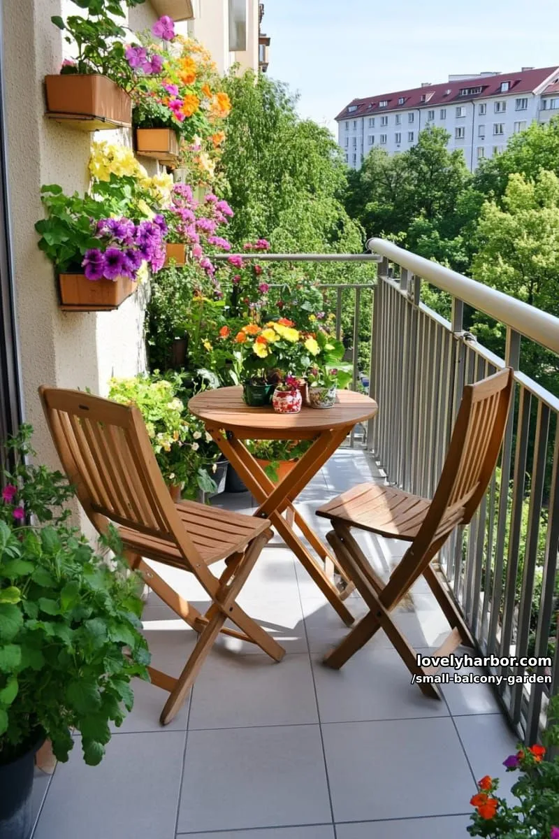 narrow balcony with tiered plant shelves, wooden bistro set, and flowers. 1