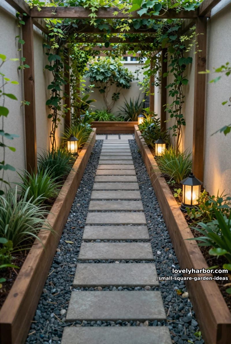 20 Small Square Garden Ideas To Help You Relax In Style 22 narrow garden path with stone pavers, raised beds, pergola, and lantern lighting. 1
