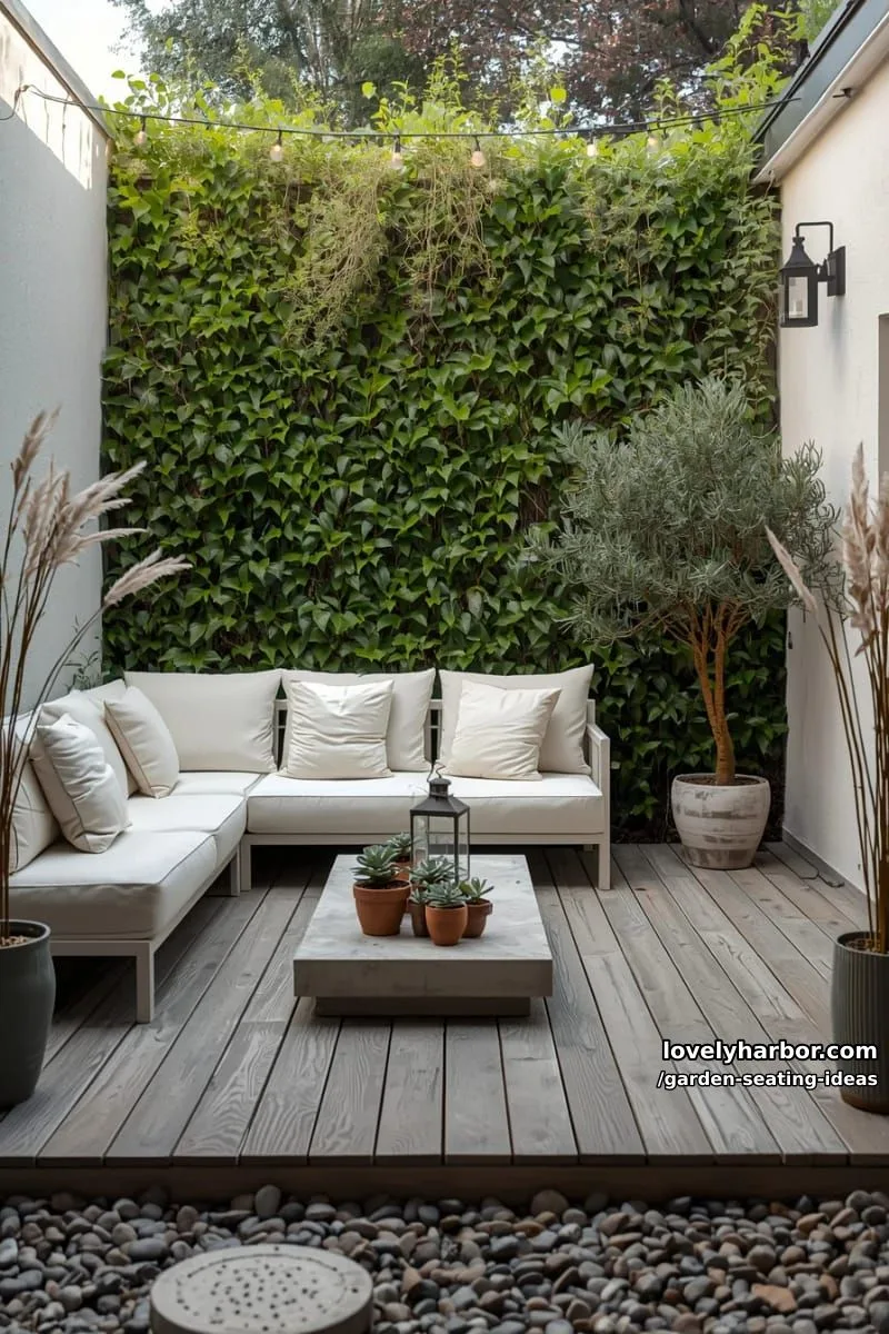 narrow garden with deck, white l-sofa, concrete table, and ivy wall 1