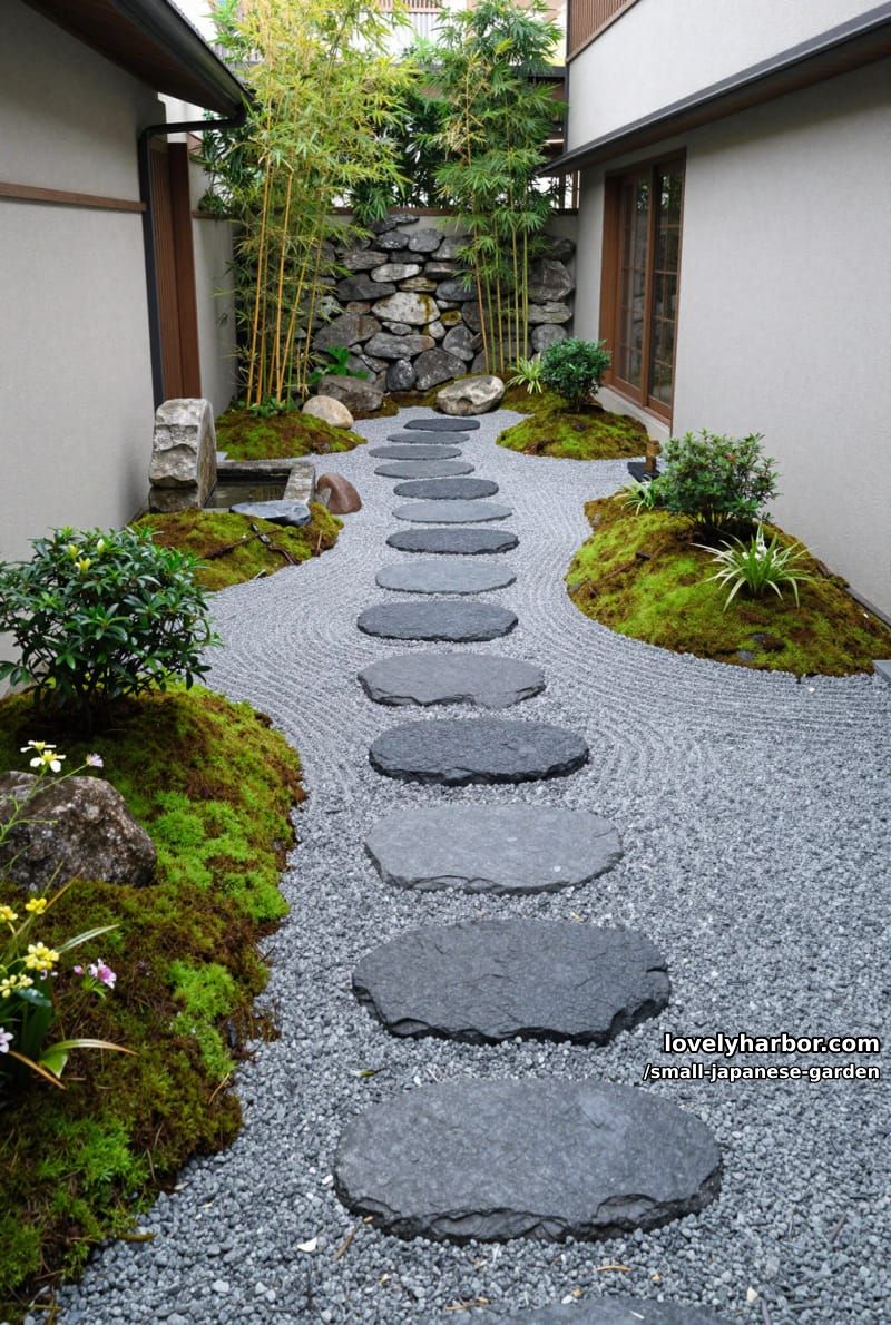 narrow japanese rock garden with black stepping stones, moss, and bamboo 1
