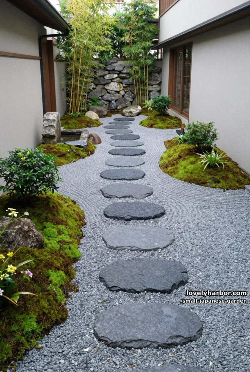 20 Small Japanese Garden Designs That Feel Like A Zen Retreat 30 narrow japanese rock garden with black stepping stones, moss, and bamboo 1