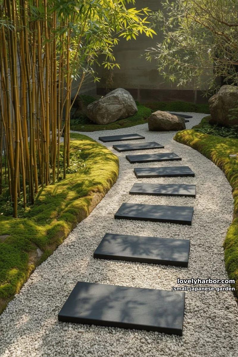 narrow japanese rock garden with black stepping stones, moss, and bamboo 1