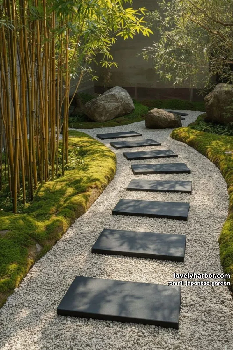 20 Small Japanese Garden Designs That Feel Like A Zen Retreat 31 narrow japanese rock garden with black stepping stones, moss, and bamboo 1