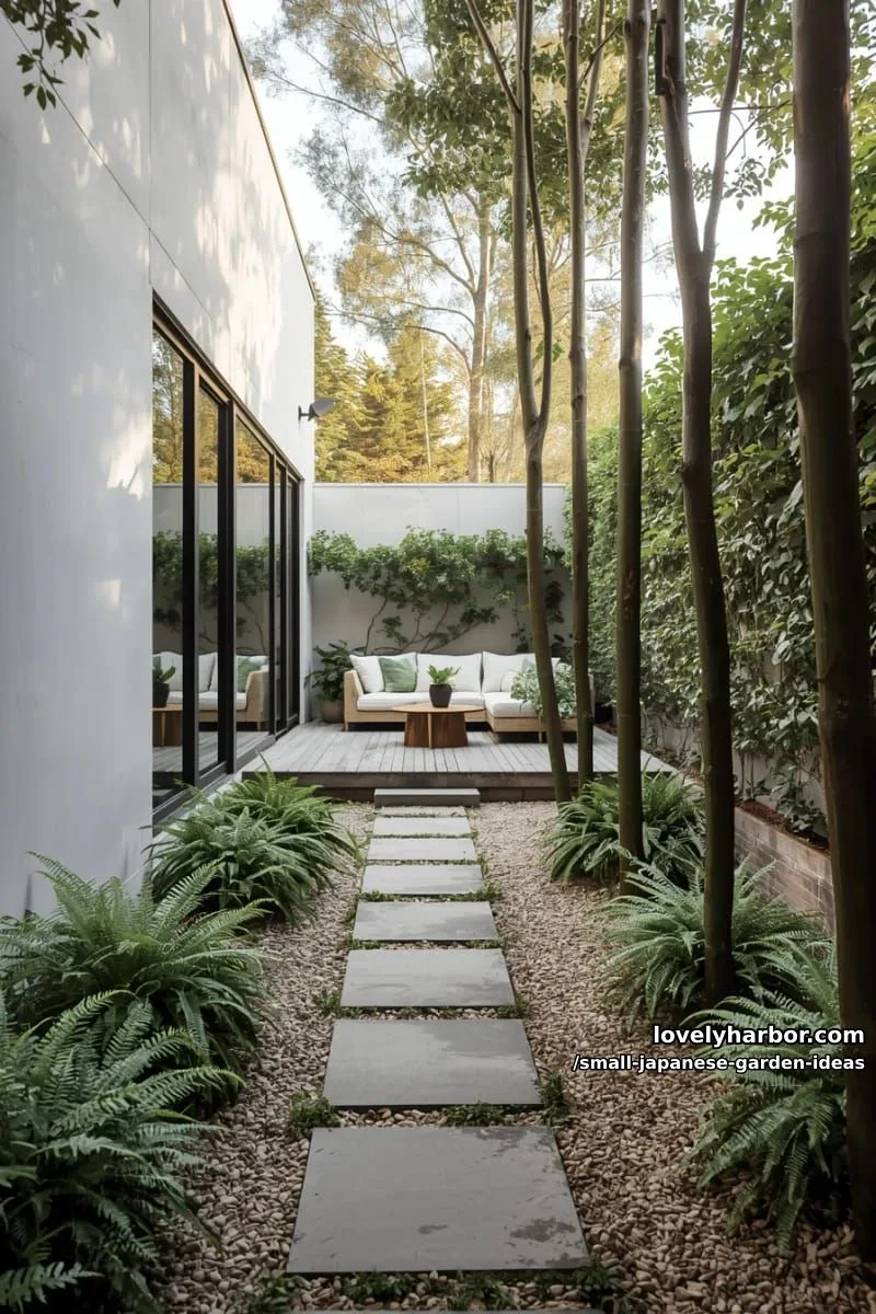 narrow modern garden: stone pathway, wooden deck, ferns, sofa, and potted plants. 1