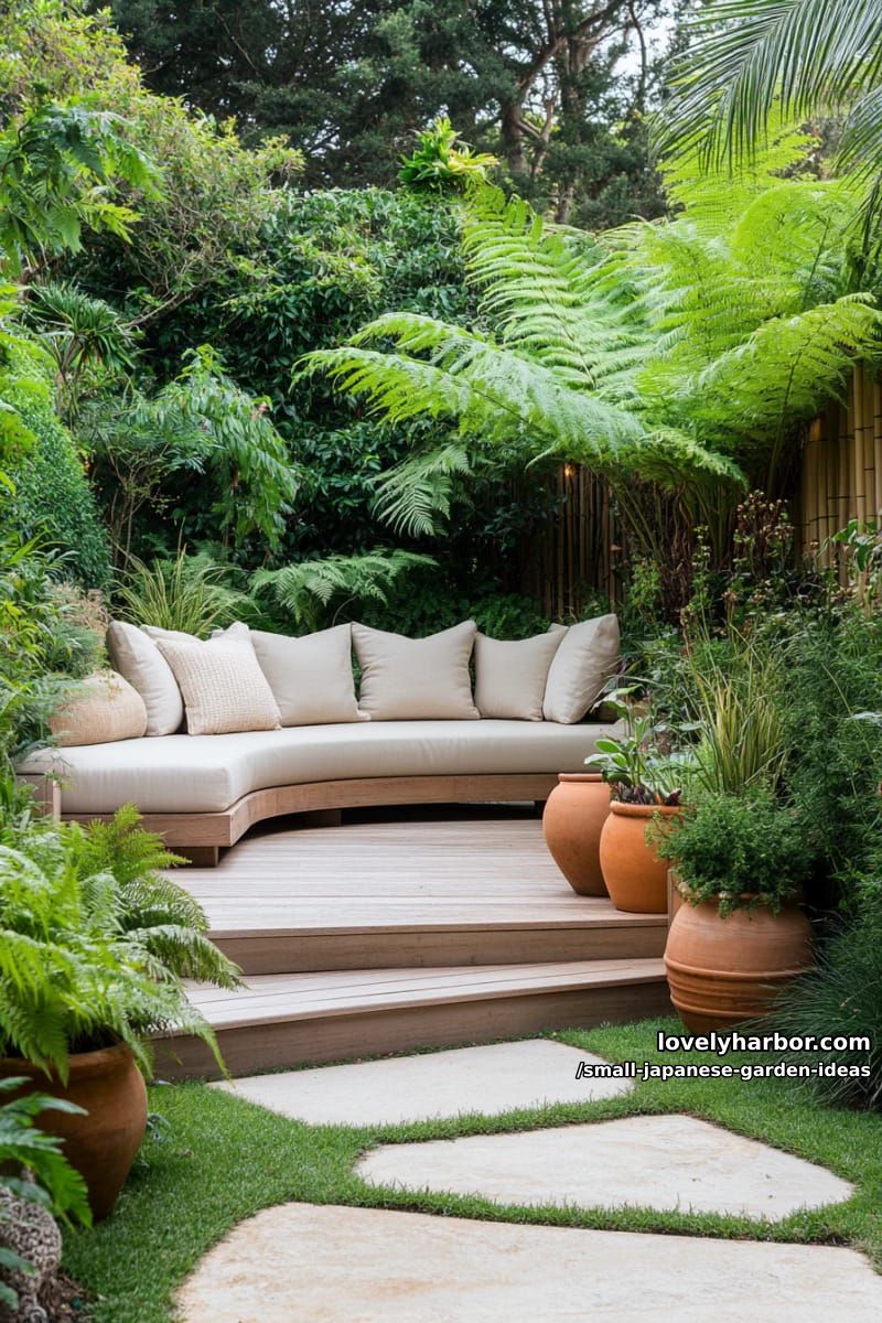 narrow modern garden: stone pathway, wooden deck, ferns, sofa, and potted plants. 1