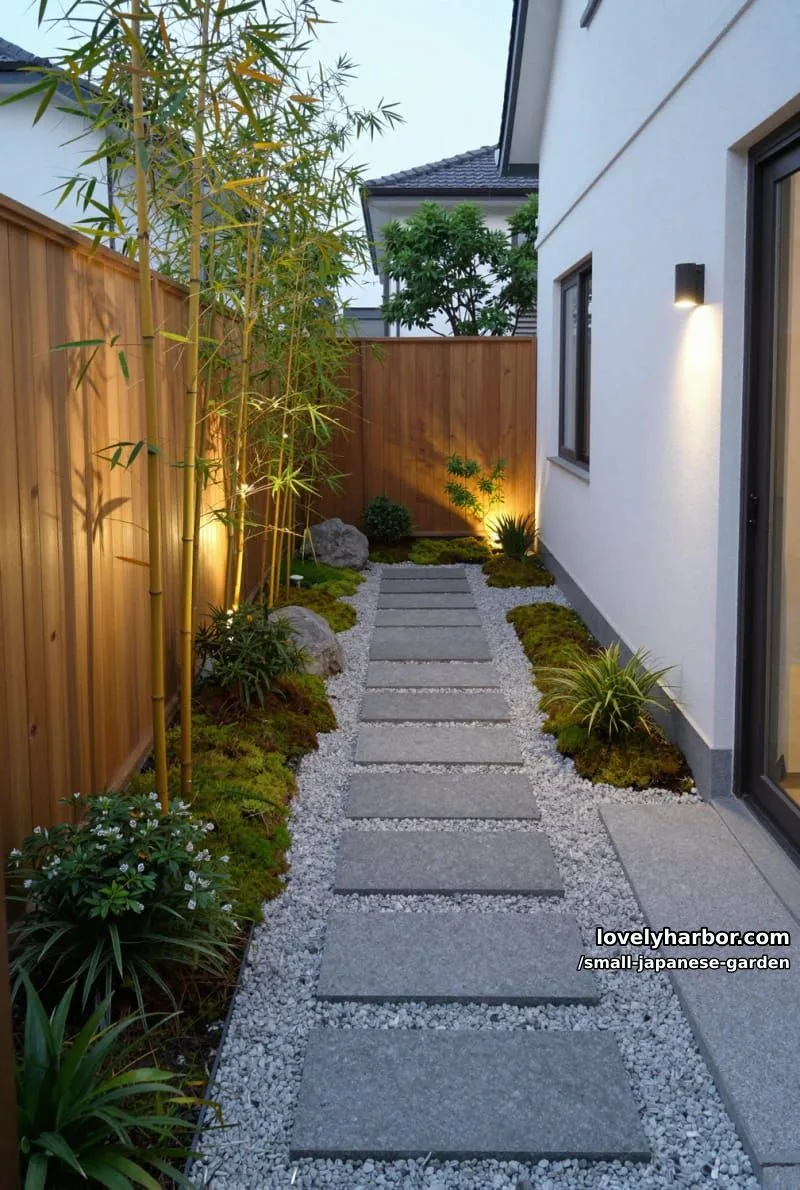 20 Small Japanese Garden Designs That Feel Like A Zen Retreat 15 narrow modern garden with stone slab path, bamboo, and wooden fence 1