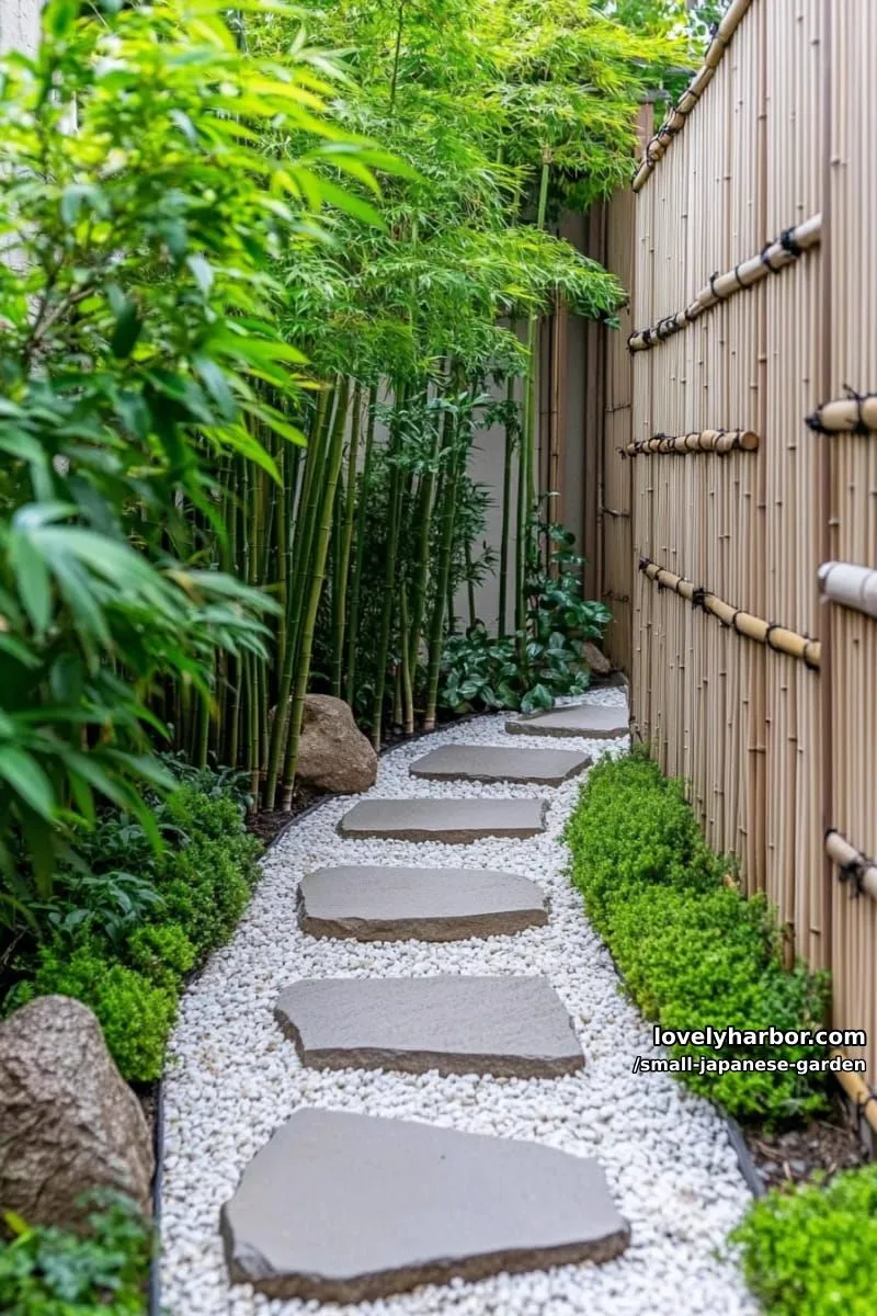 20 Small Japanese Garden Designs That Feel Like A Zen Retreat 16 narrow modern garden with stone slab path, bamboo, and wooden fence 1