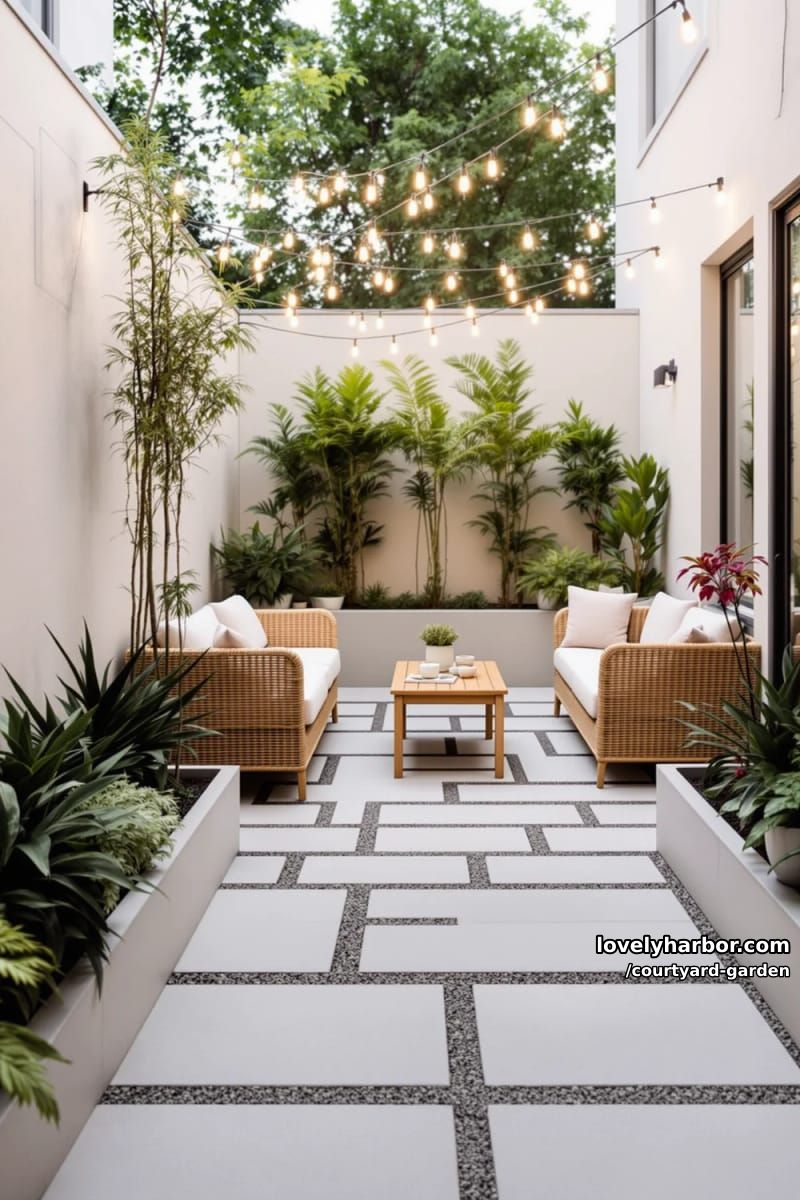 narrow patio with concrete pavers, rattan sofas, string lights, and decorative plants 1