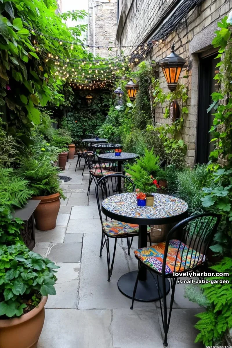 narrow patio with lush plants, bistro tables, string lights, and colorful decor. 1
