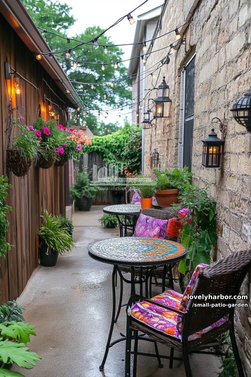 narrow patio with lush plants, bistro tables, string lights, and colorful decor. 1
