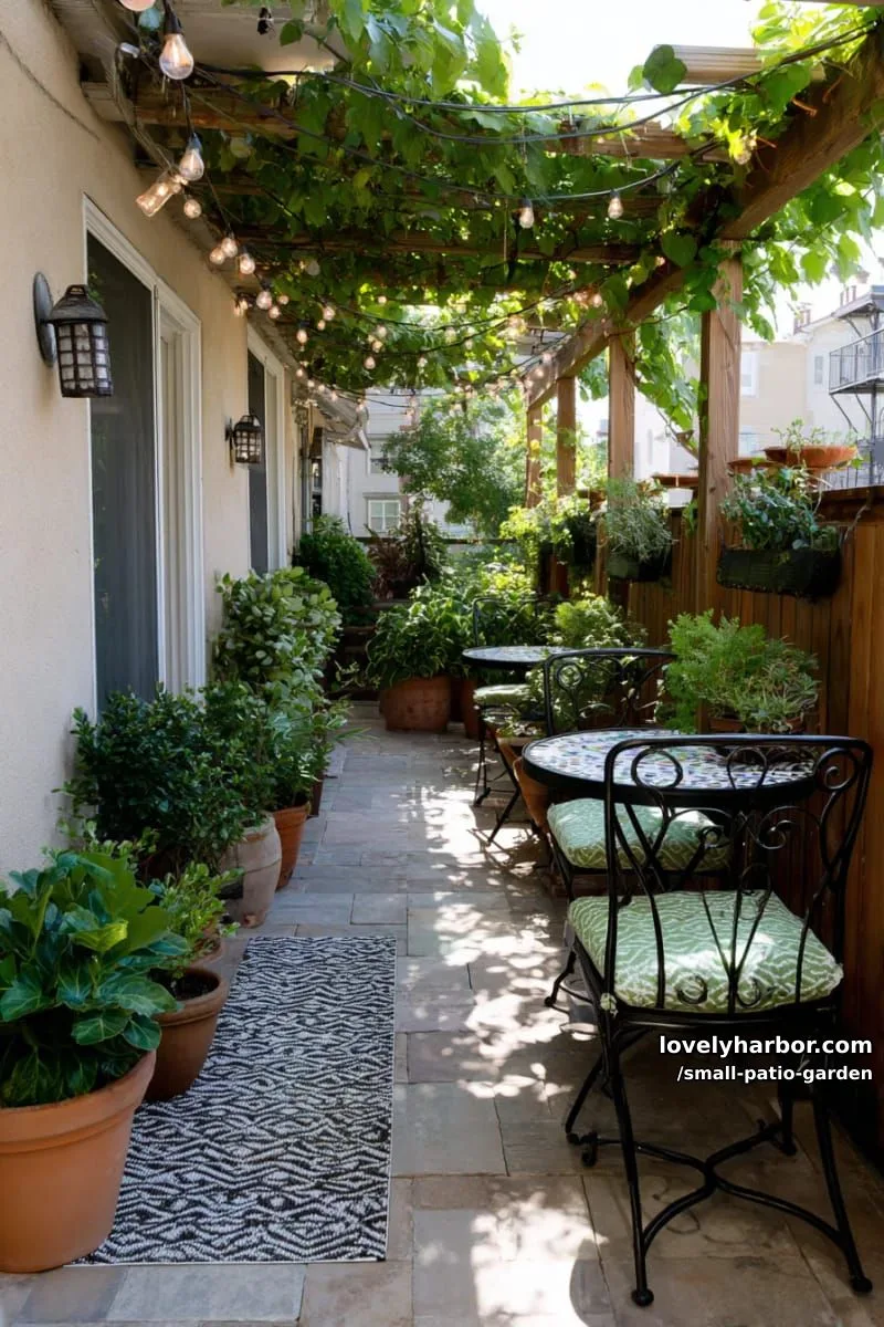 narrow patio with lush plants, bistro tables, string lights, and colorful decor. 1
