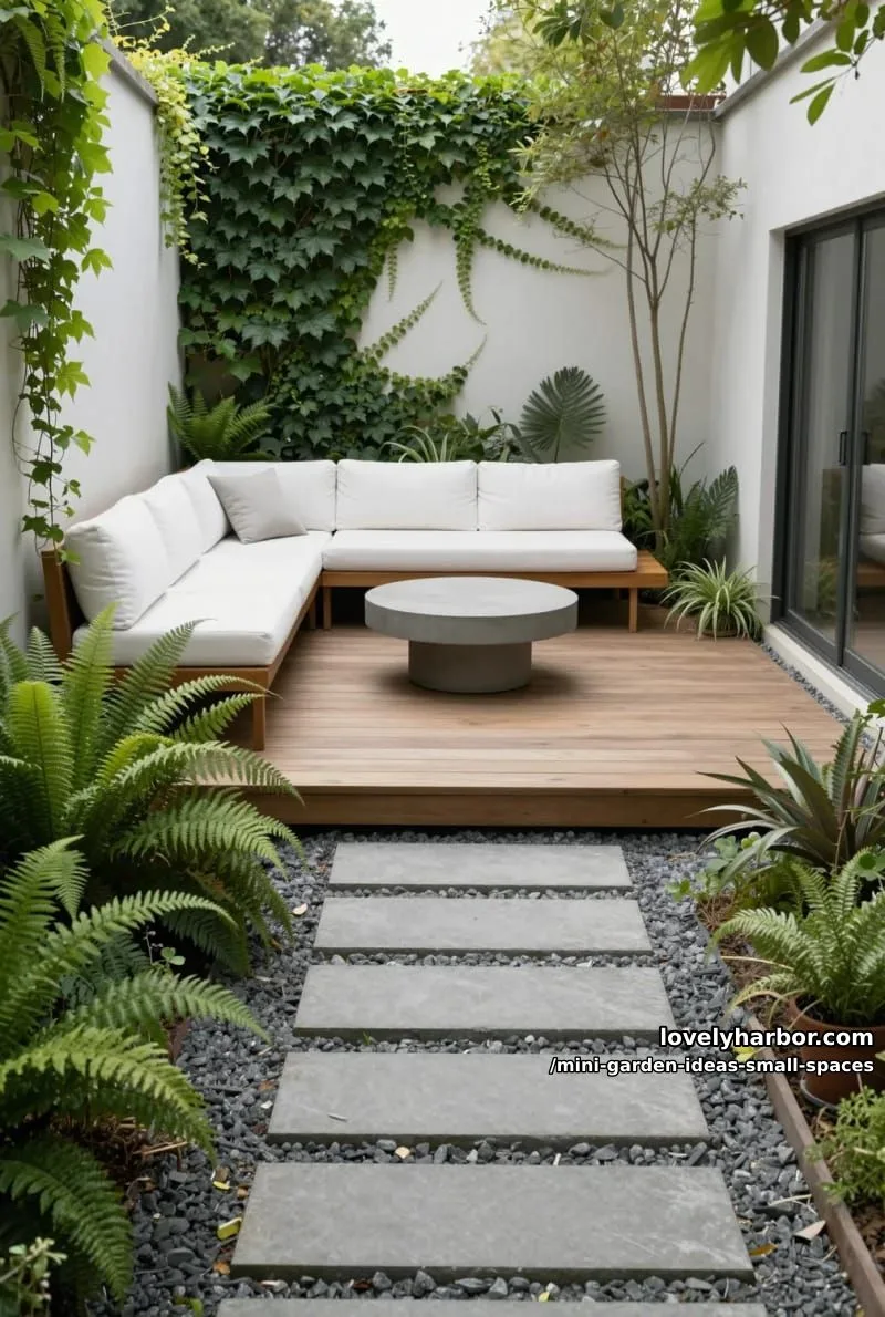 20 Mini Garden Ideas For Small Spaces 32 narrow patio with stone path, deck, ivy wall, and sectional sofa. 1