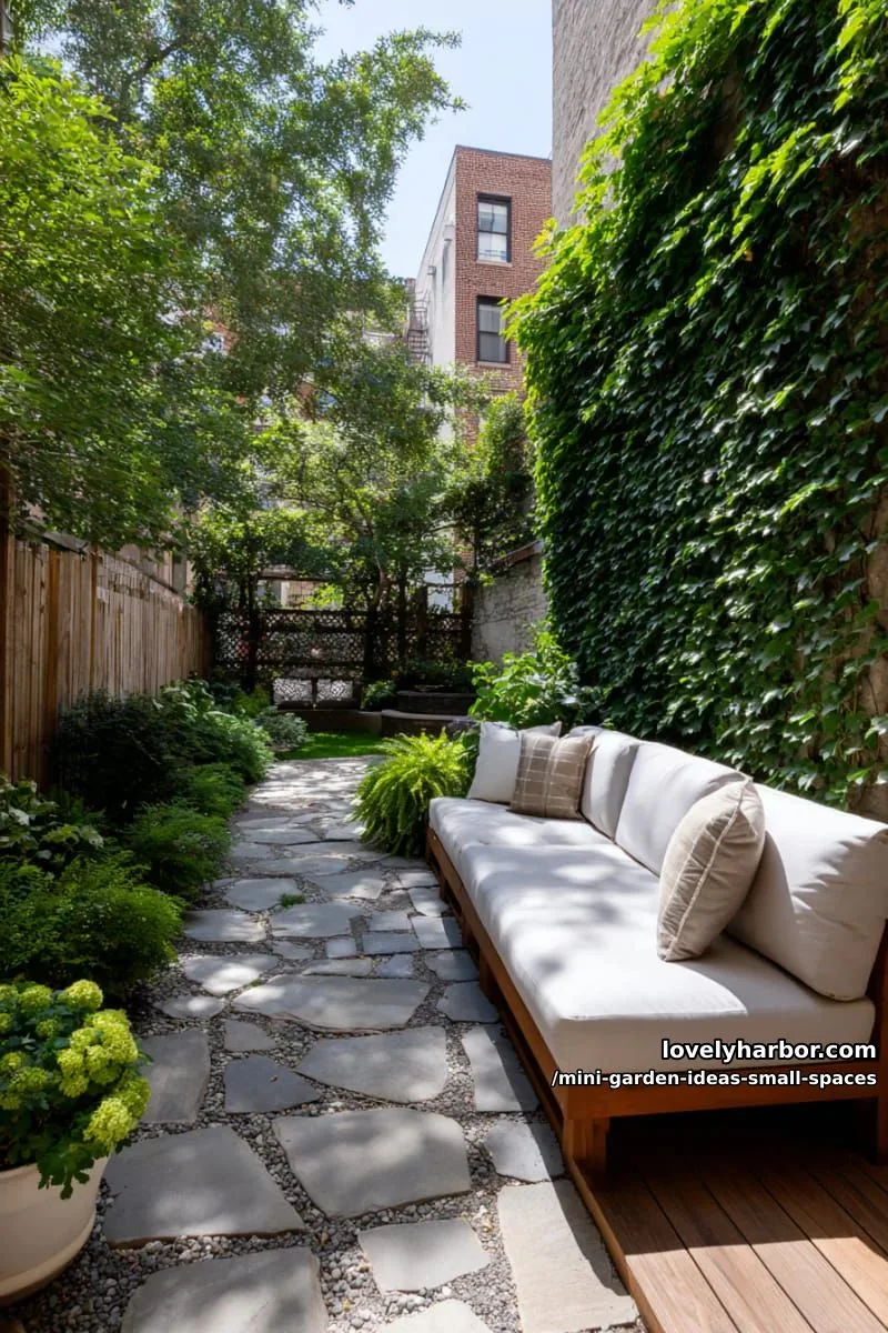 20 Mini Garden Ideas For Small Spaces 33 narrow patio with stone path, deck, ivy wall, and sectional sofa. 1