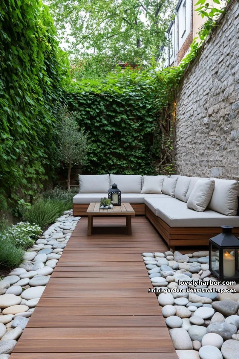 20 Mini Garden Ideas For Small Spaces 34 narrow patio with stone path, deck, ivy wall, and sectional sofa. 1