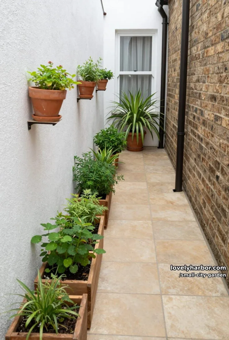 20 Small City Garden To Transform Your Space 48 narrow patio with stone tiles, raised planters, terracotta pots, and spider plant. 1