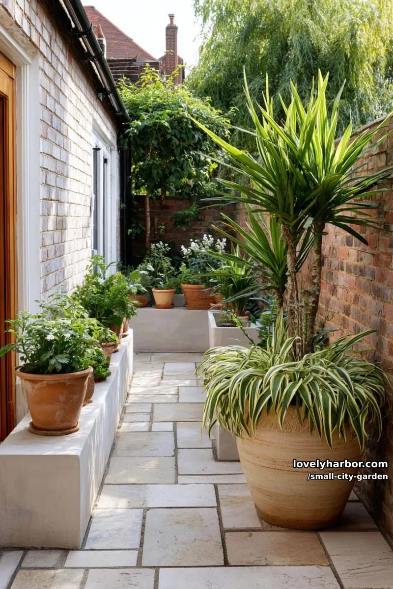 20 Small City Garden To Transform Your Space 49 narrow patio with stone tiles, raised planters, terracotta pots, and spider plant. 1