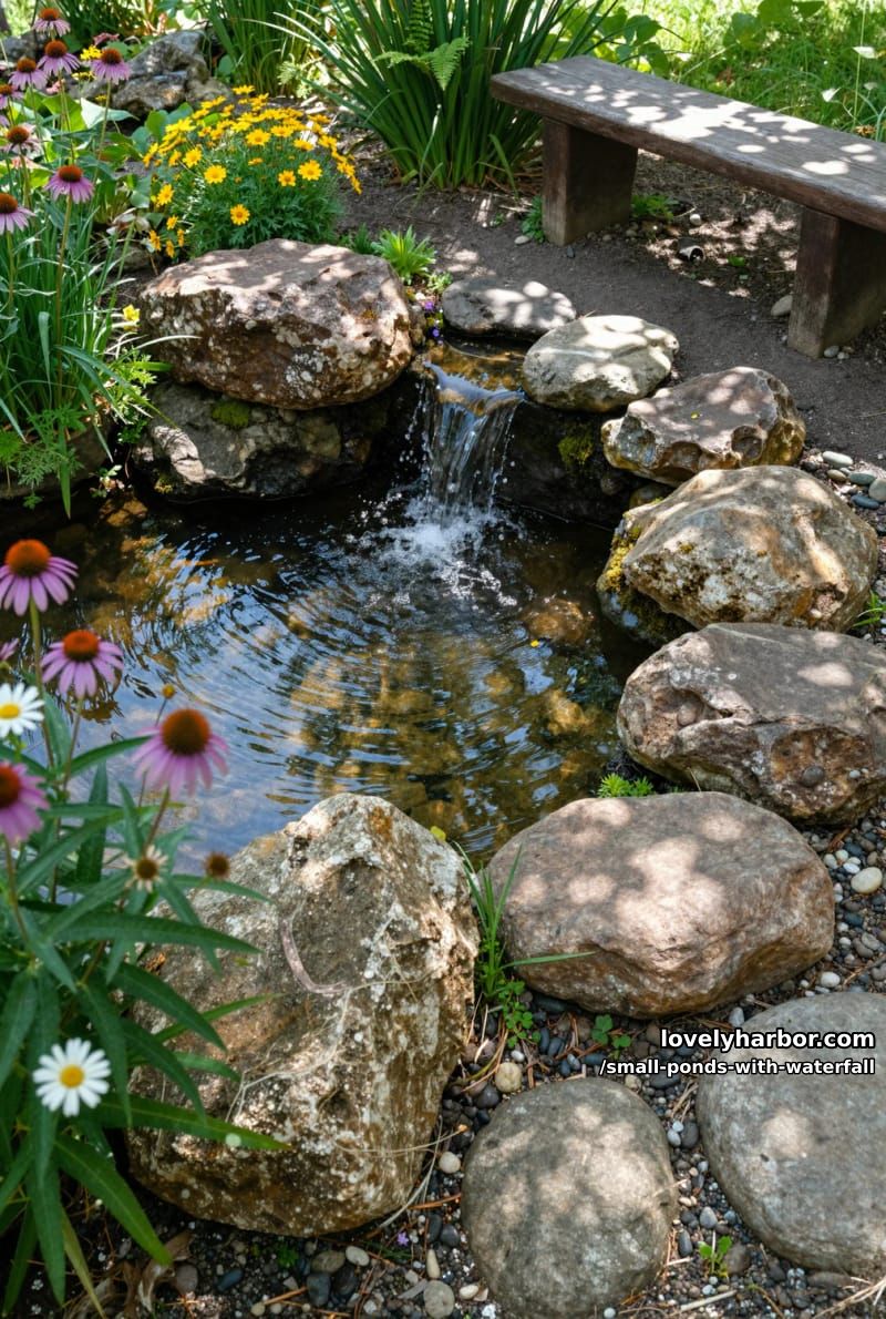 natural rock waterfall pond with wildflowers and rustic wooden bench 1